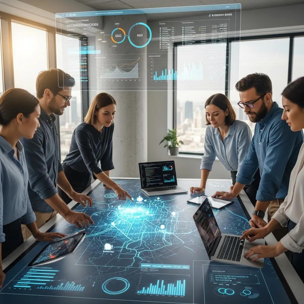 Diverse business professionals collaborating over a digital map and geo-location data, analyzing analytics and strategies for AI search ranking and GEO optimization in a modern office setting.