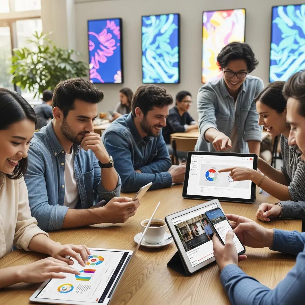 Diverse individuals engaging with interactive content on devices in a modern workspace