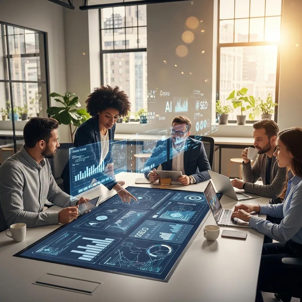 Diverse professionals collaborating in a modern office, analyzing AI and SEO data displayed on a digital interface, emphasizing AEO and search optimization strategies for businesses.
