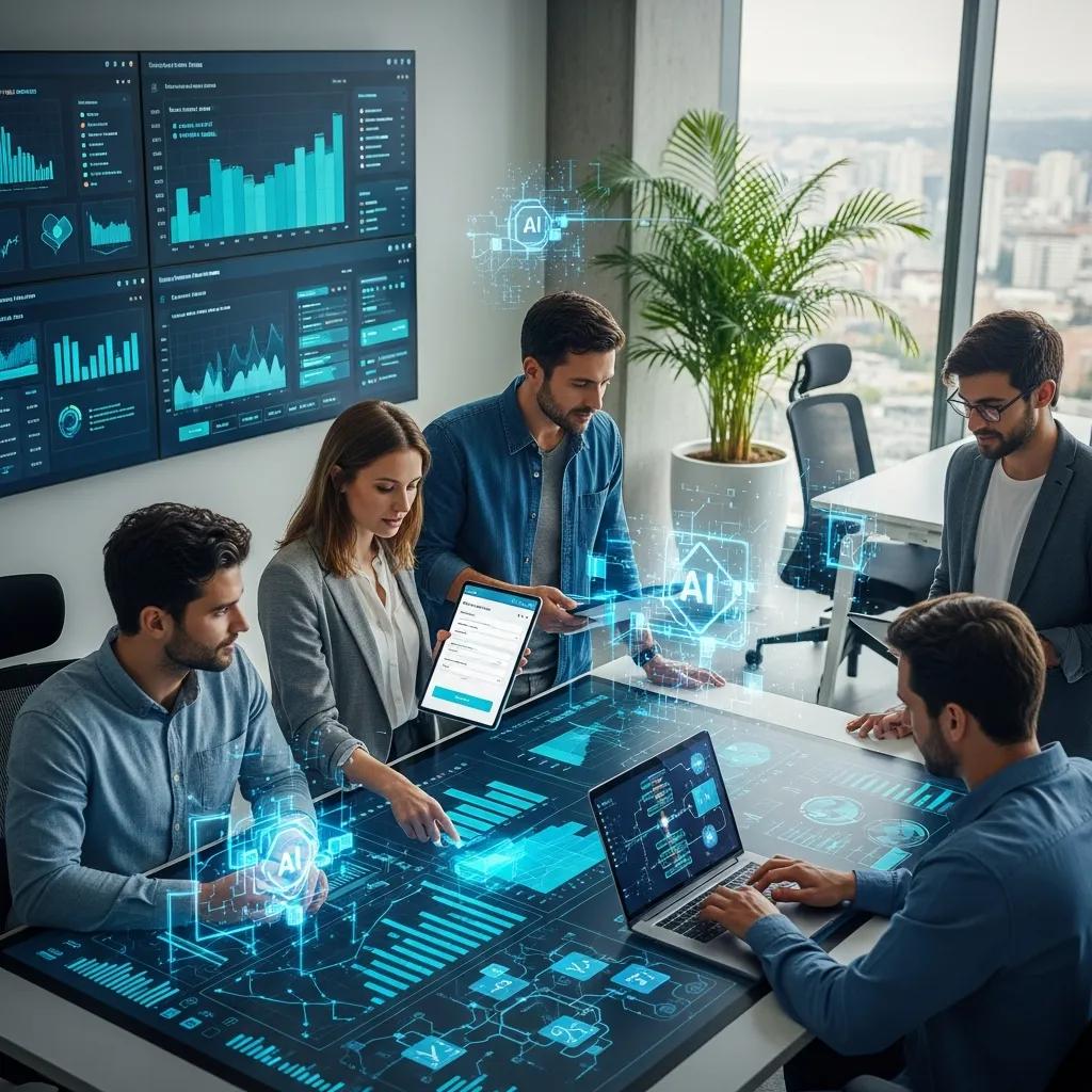 Diverse professionals collaborating in a modern office with AI-driven analytics displayed on screens and interactive digital interface, representing innovative lead generation strategies.