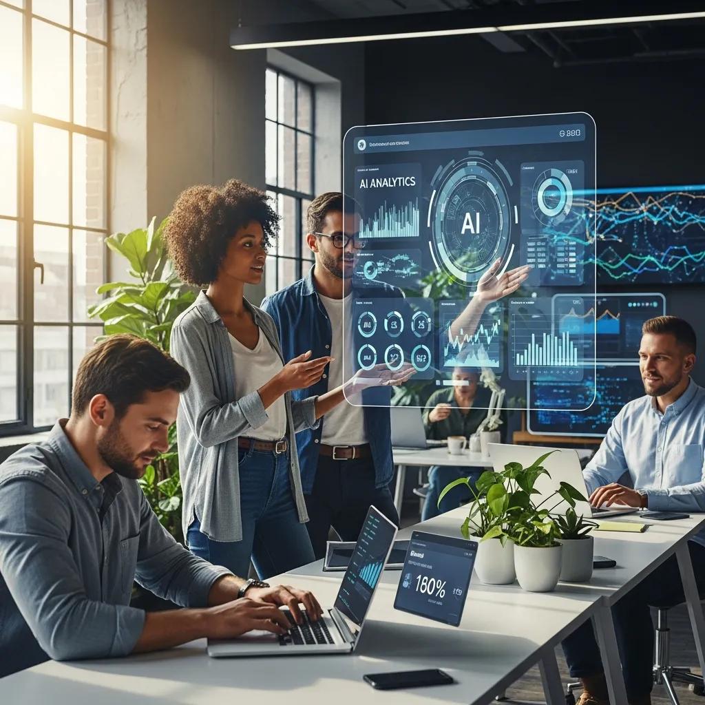 Diverse professionals collaborating in a modern office, engaging with AI analytics displayed on screens, emphasizing brand visibility and reputation strategies through technology.