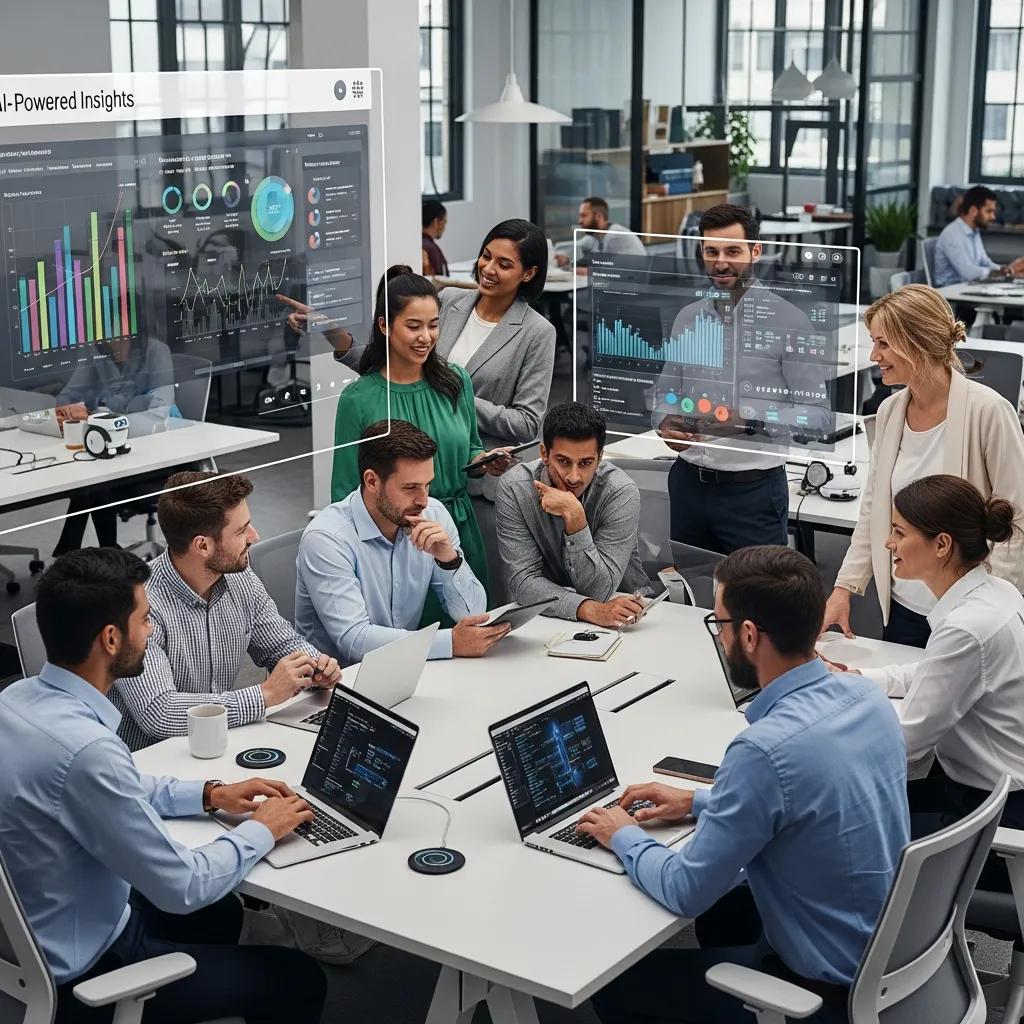 Diverse professionals collaborating in a modern office, analyzing AI-powered insights and data visualizations on screens, enhancing efficiency and customer engagement for service businesses.