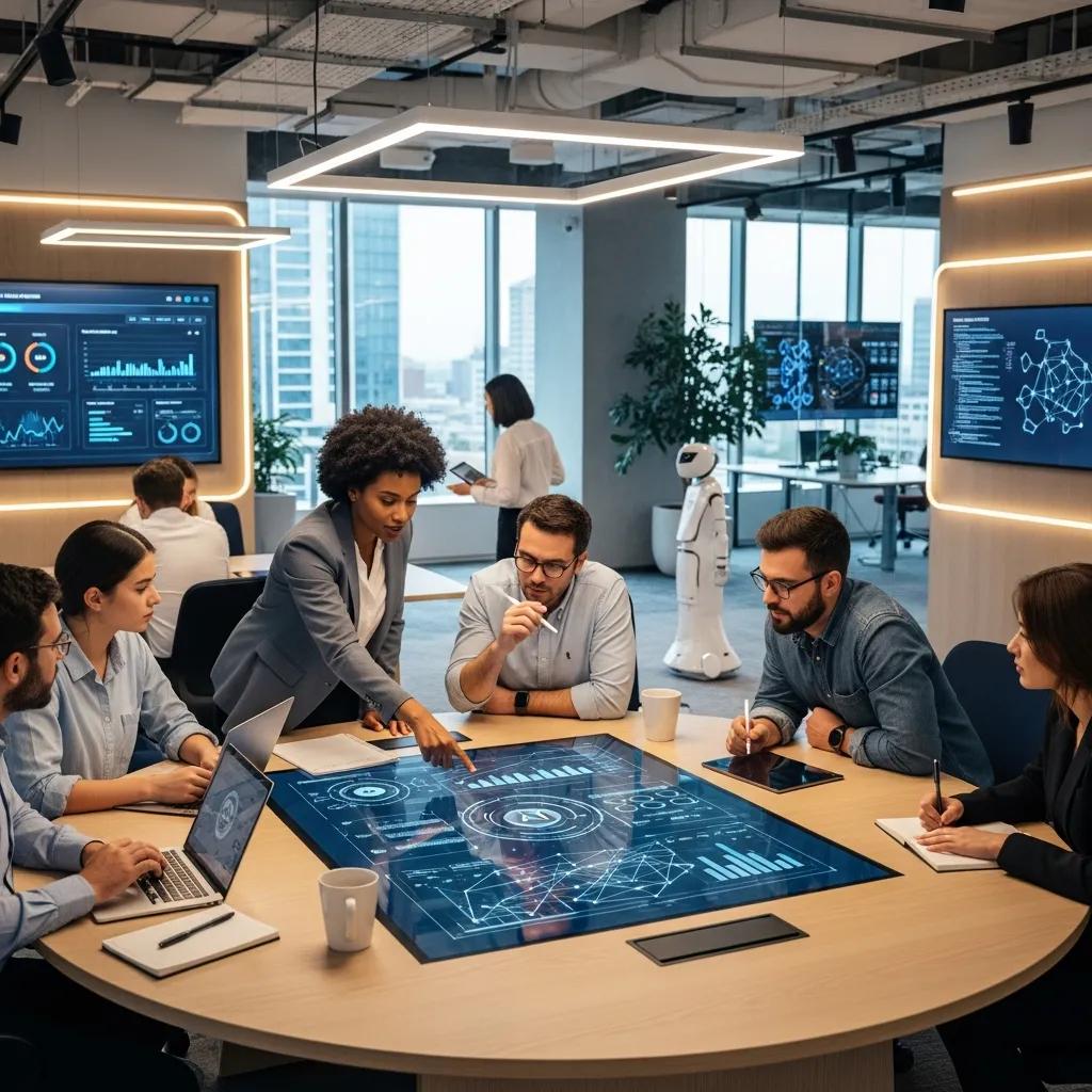 Diverse professionals collaborating around a digital table displaying AI analytics in a modern office, emphasizing AI adoption trends and strategic insights for business growth.