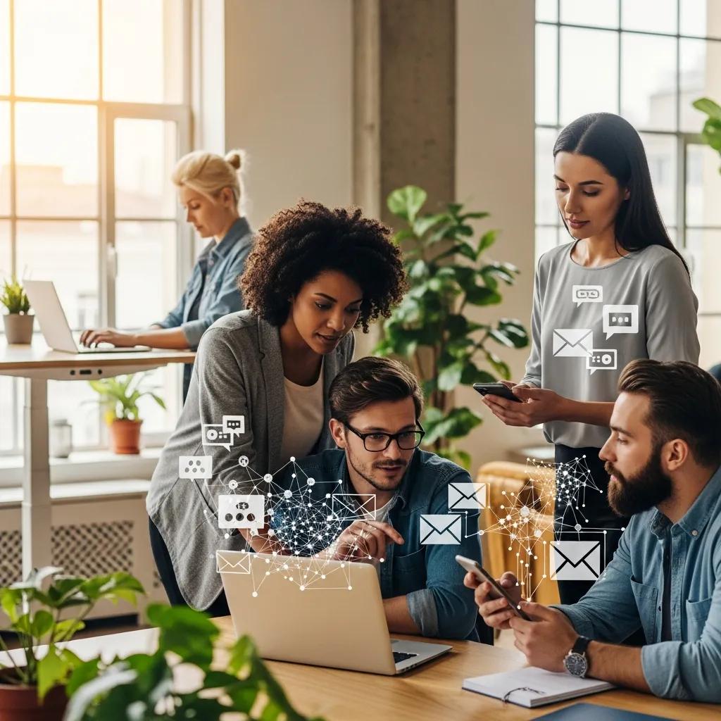 Diverse professionals collaborating around a laptop with digital symbols representing multi-channel AI lead capture solutions, including chat, SMS, and email communication.