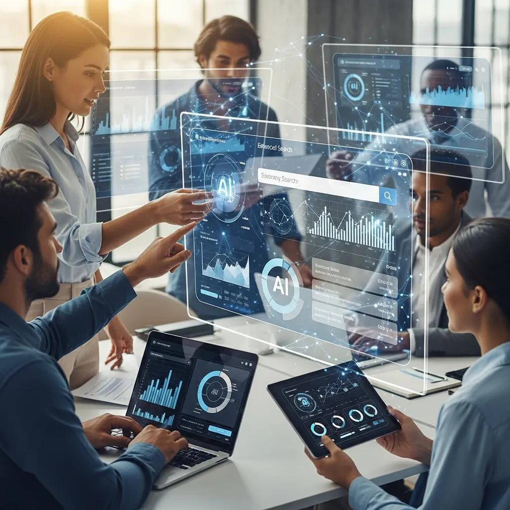 Diverse professionals collaborating in a modern office, discussing AI-enhanced search benefits, with digital interfaces displaying analytics and search functionalities.