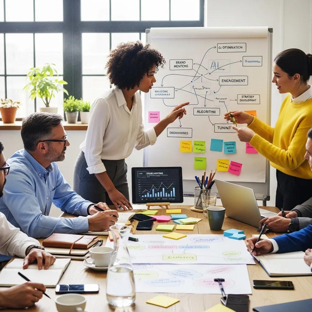 Diverse team brainstorming AI optimization strategies for brand mentions