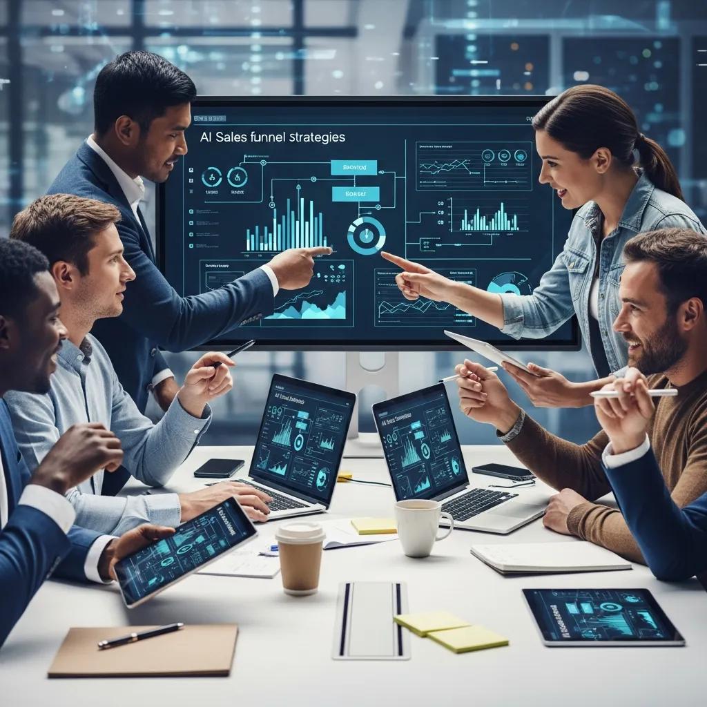 Diverse team collaborating on AI sales funnel strategies, analyzing data on digital devices, with charts displayed on a screen.