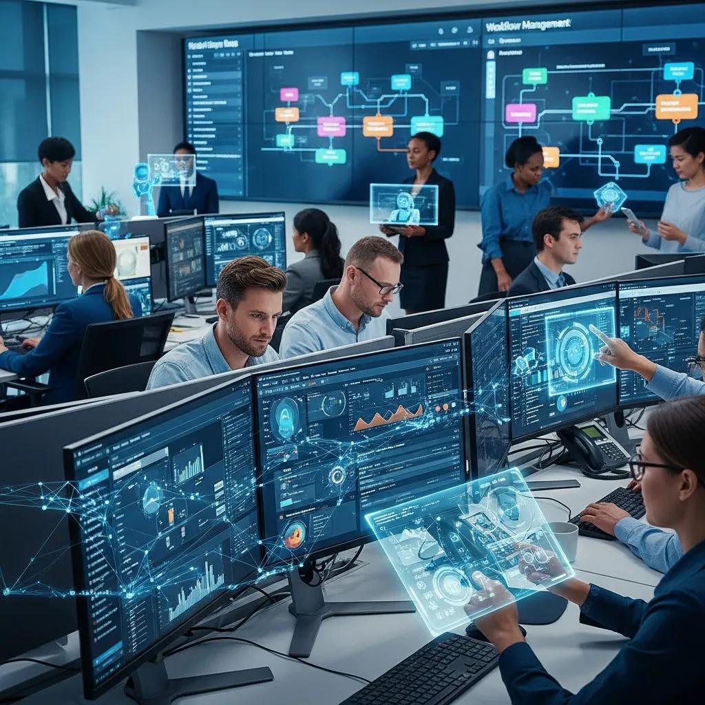 Employees utilizing AI-driven tools and analytics in a modern office setting to enhance service operations and streamline workflows.