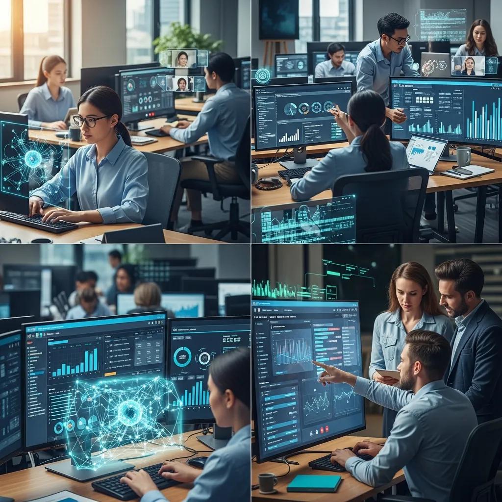 Employees engaging with AI tools in a modern office, analyzing data on multiple screens, enhancing operational efficiency and decision-making through custom AI integrations.