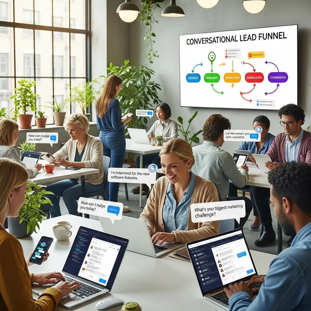 Diverse users engaging with AI conversational lead funnels in a modern workspace, featuring laptops and chat interfaces, illustrating digital marketing strategies and customer interaction.