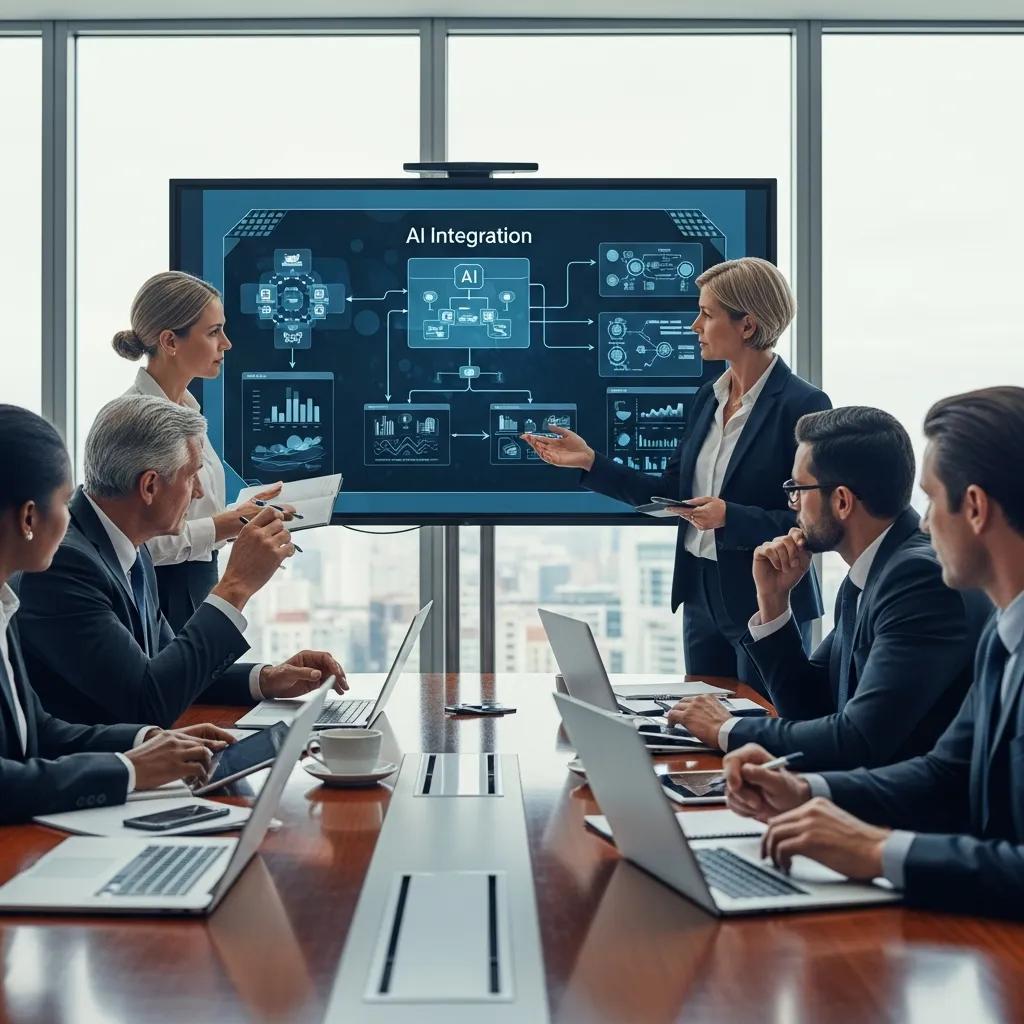 Executives discussing AI integration strategies in a corporate meeting, with a presentation on AI technologies and data analytics displayed on a screen.