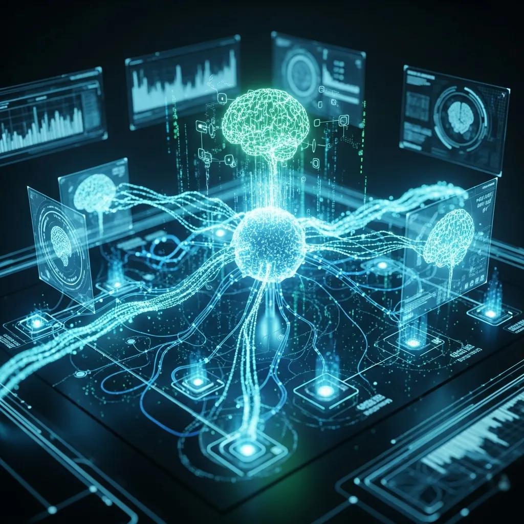 Futuristic AI systems architecture concept with interconnected digital elements