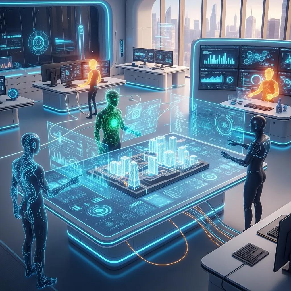 Futuristic workspace with AI agents collaborating on workflow tasks, featuring holographic displays and digital interfaces for optimizing AI-driven processes and productivity.