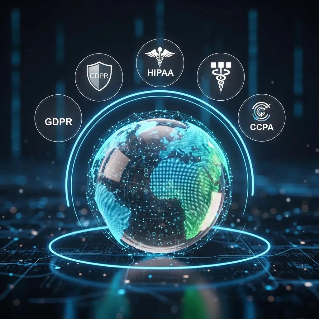 Globe surrounded by icons representing global AI security regulations: GDPR, HIPAA, and CCPA, emphasizing compliance and data protection.