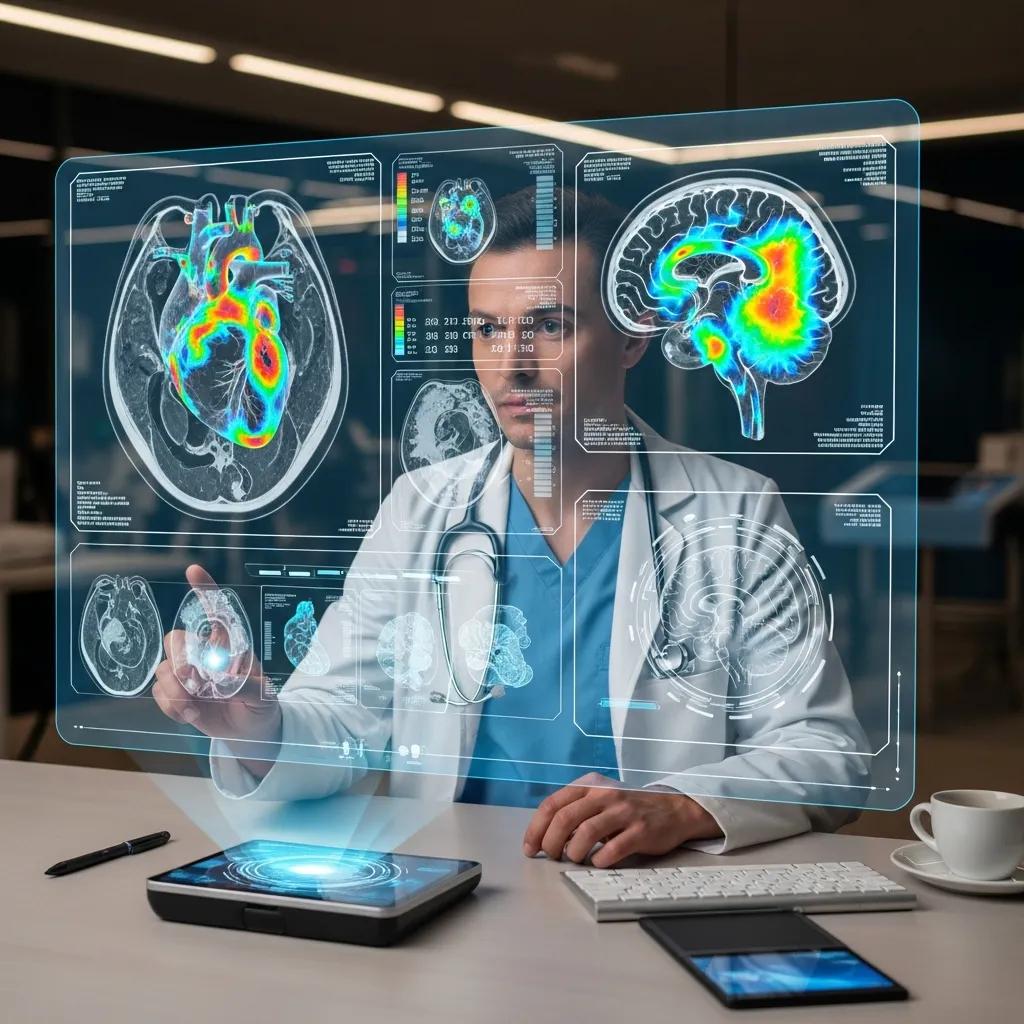 Healthcare professional analyzing patient diagnostics using AI technology and holographic displays in a modern medical facility.