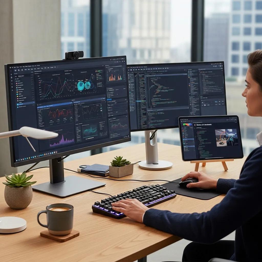 High-tech workspace with AI tools on screens, representing effective lead generation strategies