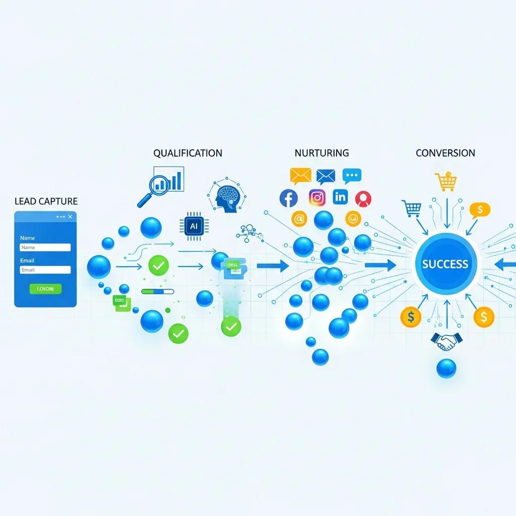 Illustration of an automated sales funnel process capturing and qualifying leads