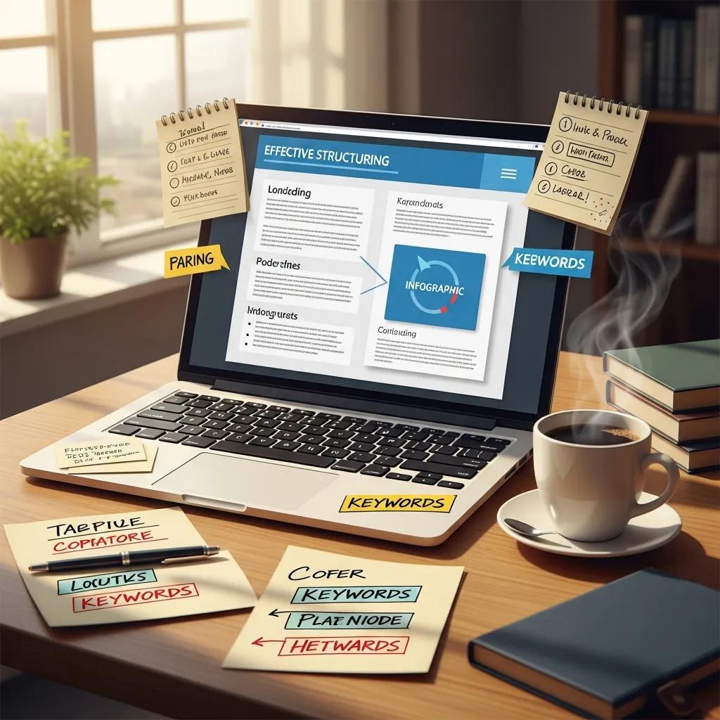 Laptop displaying effective content structuring strategies with notes on keywords, infographic, and content organization, emphasizing semantic SEO principles for digital marketing optimization.