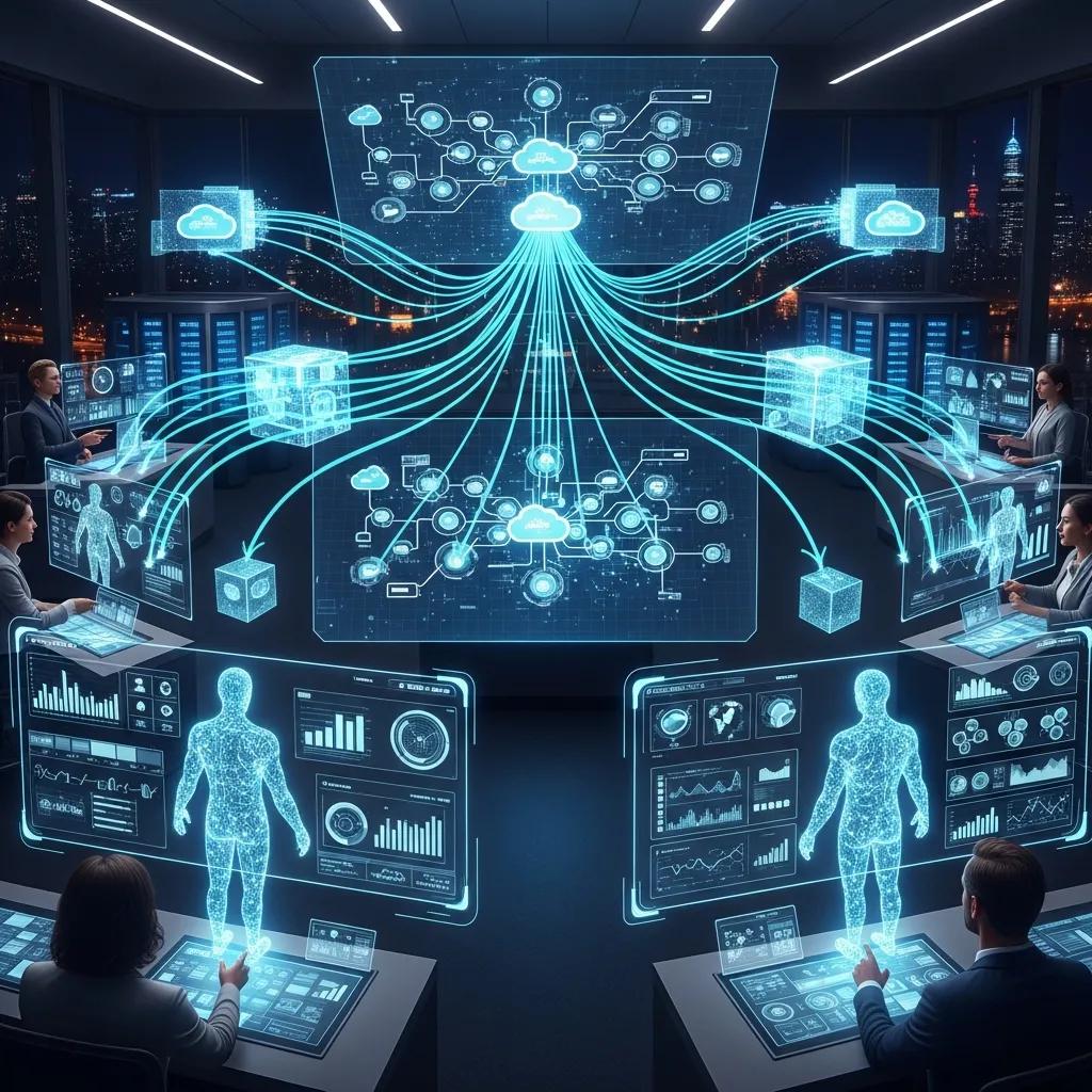 Intelligent agents coordinating tasks in an enterprise setting, with digital interfaces displaying data management, machine learning algorithms, and workflow optimization.