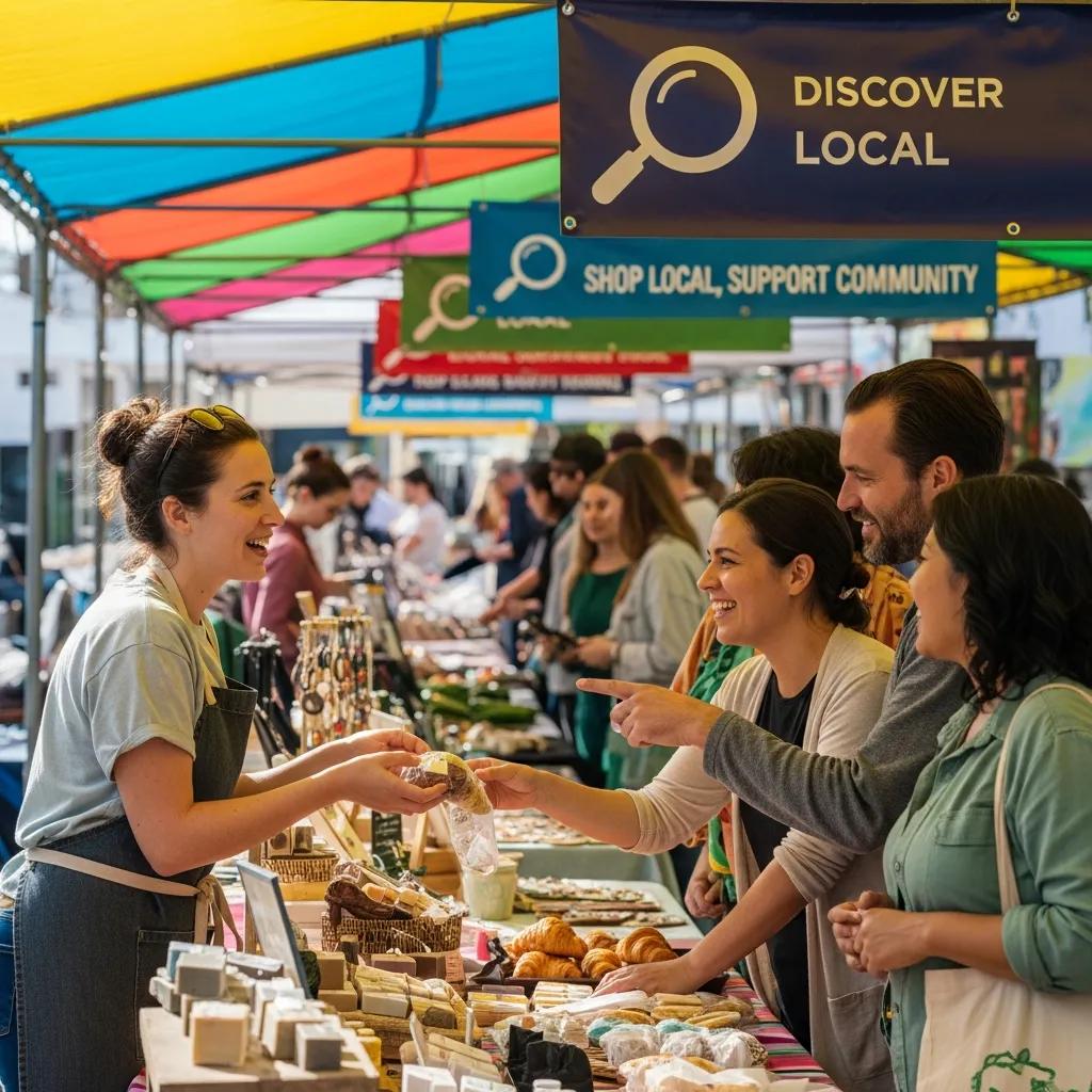 Local business owner engaging with customers at a vibrant market, showcasing community support and local SEO strategies, with banners promoting local shopping and discovery.