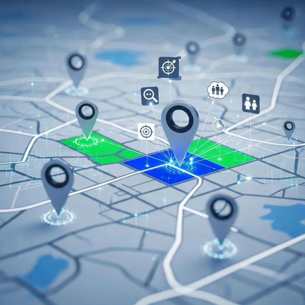 Map with highlighted areas for geo-targeting, featuring location pins and digital icons representing analytics and engagement metrics, emphasizing local marketing strategies.