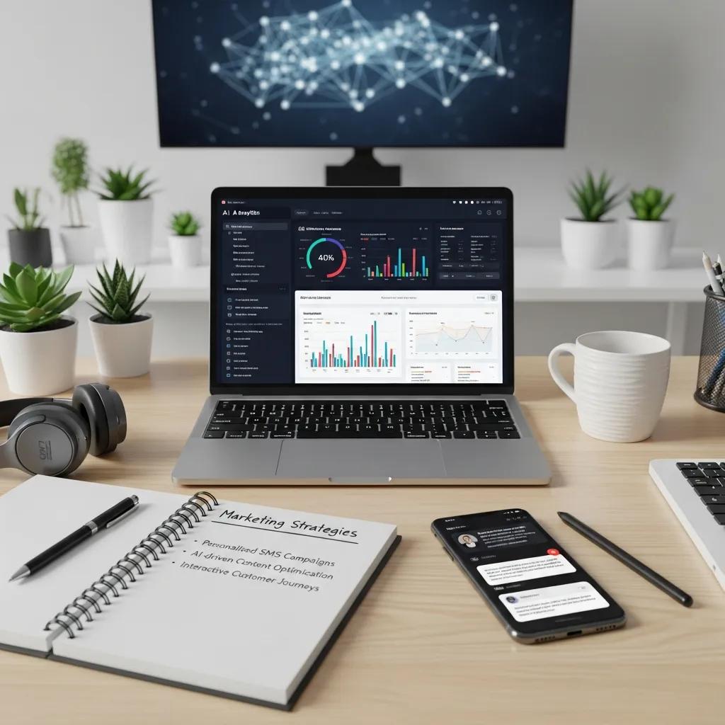 Modern digital marketing workspace featuring a laptop displaying AI analytics and customer engagement tools, with a notebook listing marketing strategies, a smartphone, and a coffee mug, emphasizing AI-driven follow-up and nurture sequences.
