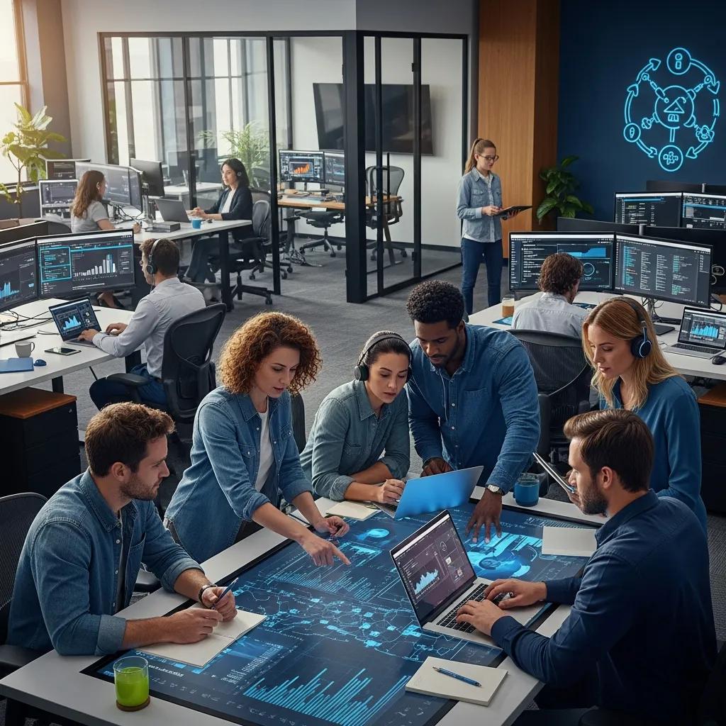 Diverse professionals collaborating in a modern office, analyzing AI-driven workflows and data visualizations on a digital table, emphasizing agent-based workflow and orchestration.