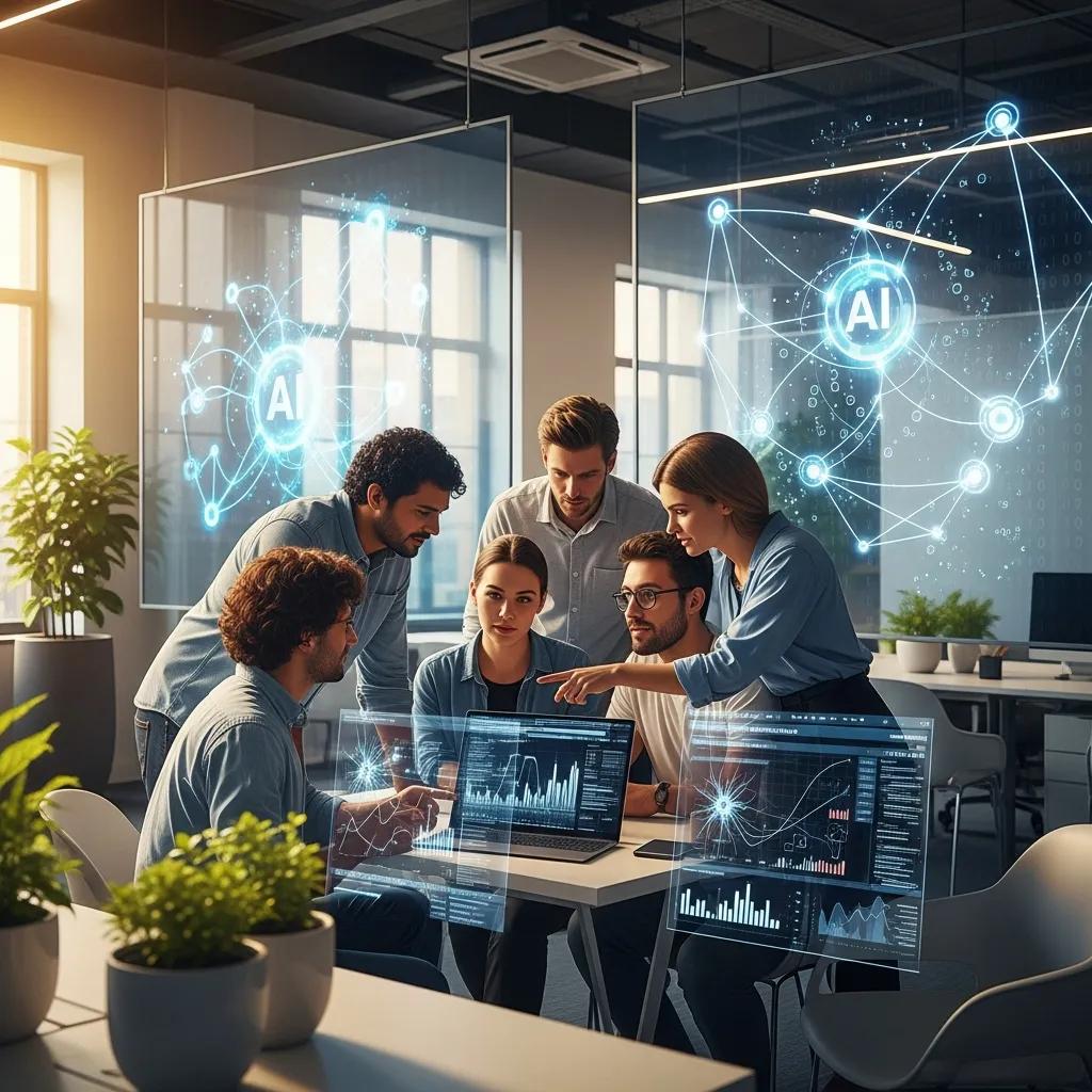 Diverse professionals collaborating in a modern office, analyzing AI technology and data analytics on a laptop, with digital interfaces illustrating AI concepts and graphs.