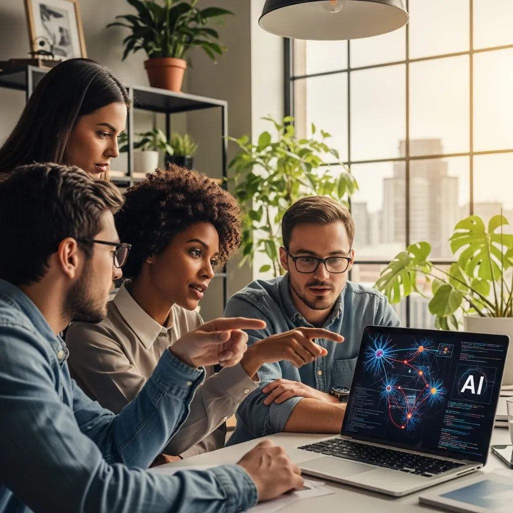 Group of professionals collaborating in a modern office, discussing custom AI integrations displayed on a laptop screen, highlighting data visualization and machine learning concepts.
