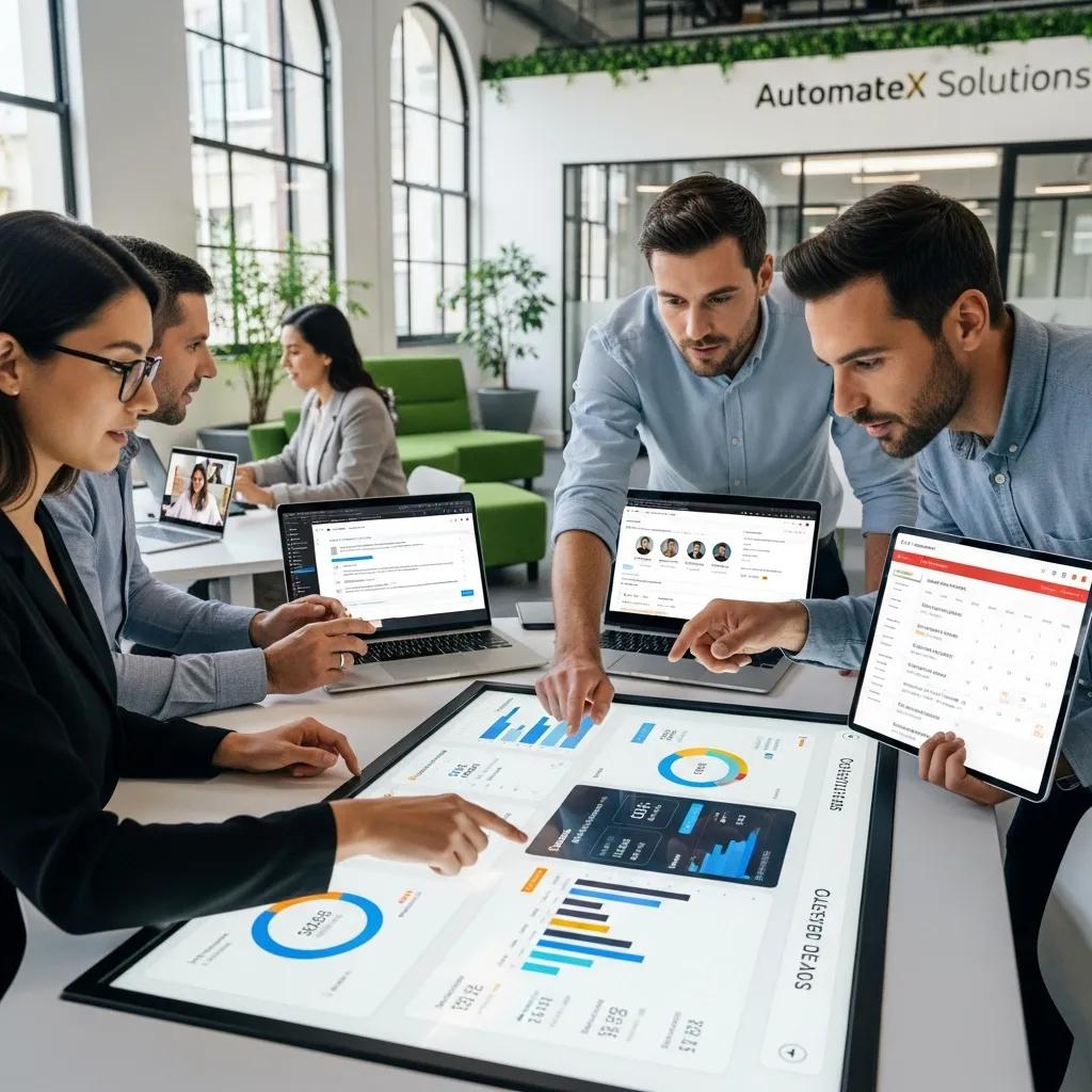 Team collaborating in modern office, analyzing data on touchscreen display and laptops, focused on lead qualification and automation strategies.