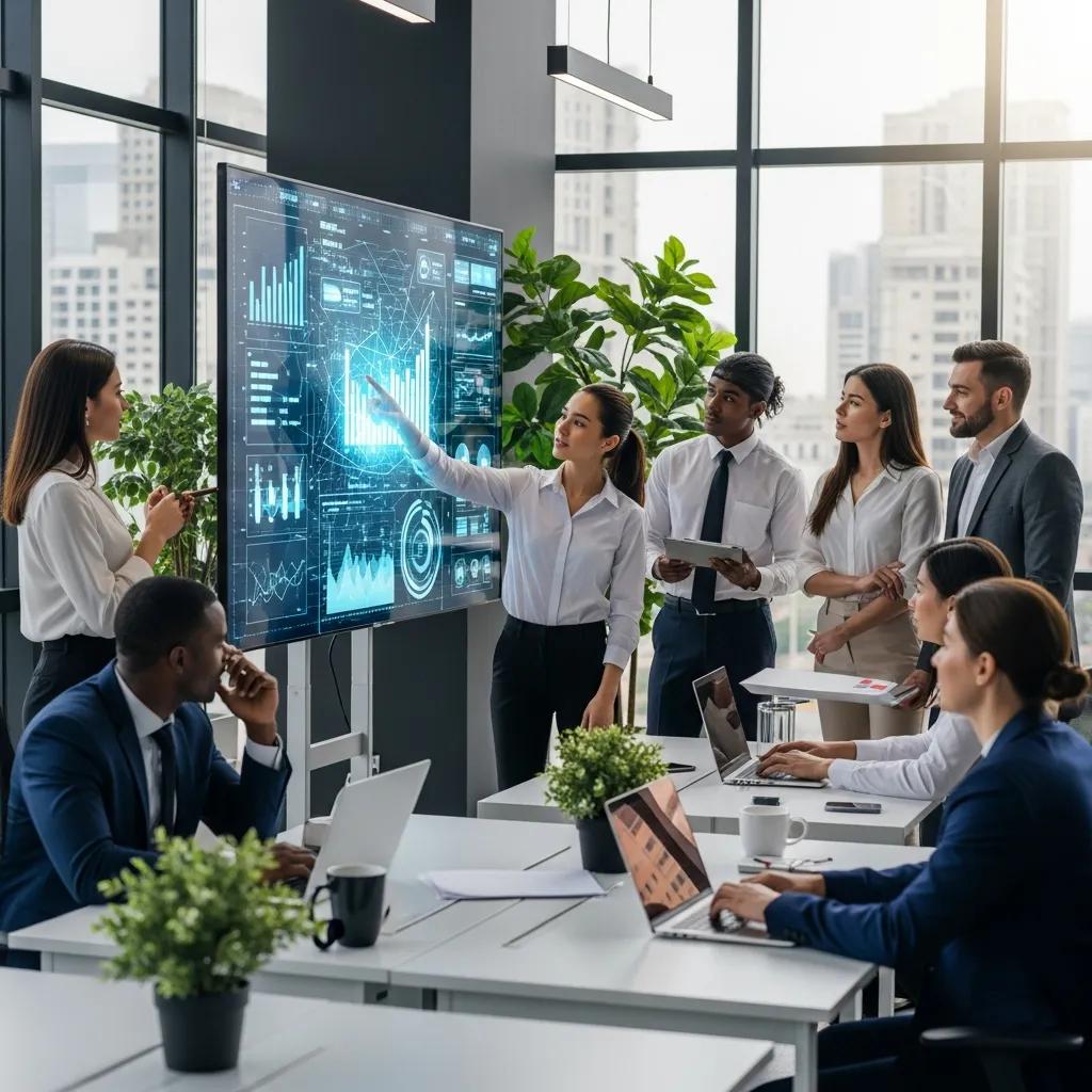 Business team analyzing AI-driven data visualization during a strategy meeting, highlighting growth metrics and optimization strategies for enhanced efficiency.