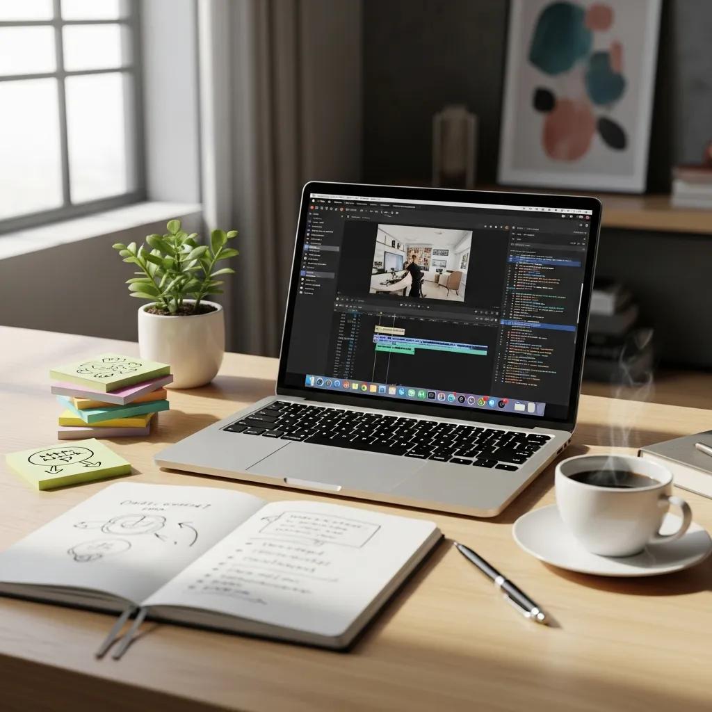 Modern workspace featuring a laptop displaying AI-related content, an open notebook with sketches, sticky notes, a coffee cup, and a plant, symbolizing AI-readable content frameworks and optimized digital strategies.
