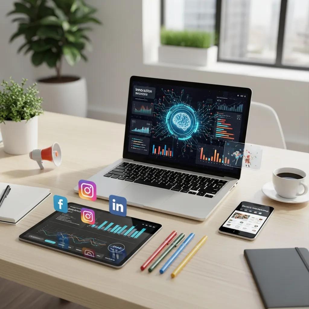 Modern workspace with AI content on laptop, symbolizing brand visibility and innovation