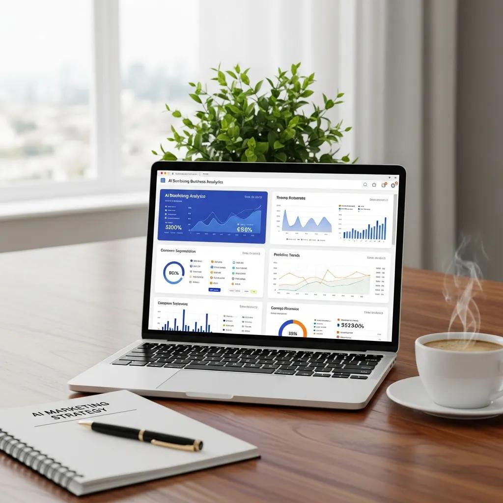 Modern workspace featuring a laptop displaying AI marketing analytics, notepad labeled "AI Marketing Strategy," coffee cup, and a green plant, illustrating strategies for optimizing lead generation in service businesses.