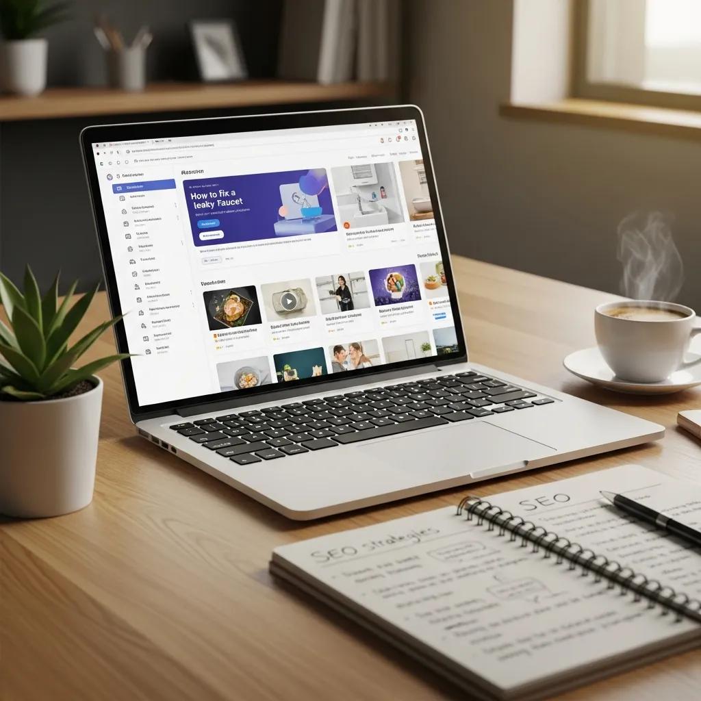 Modern workspace featuring a laptop displaying AI-driven content, notepad with SEO strategies, coffee cup, and a small plant, emphasizing Answer Engine Optimization (AEO) in digital marketing.