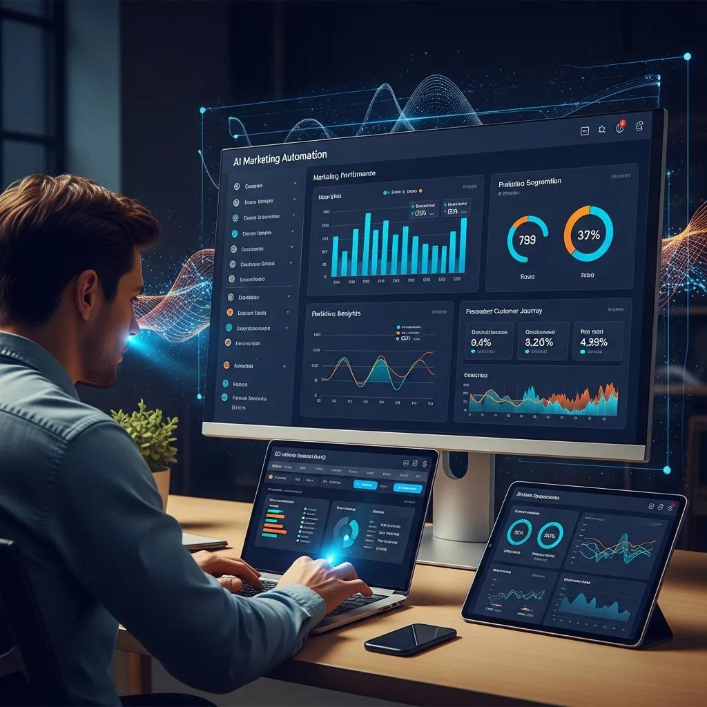 Person analyzing AI marketing automation dashboard, highlighting key features and analytics