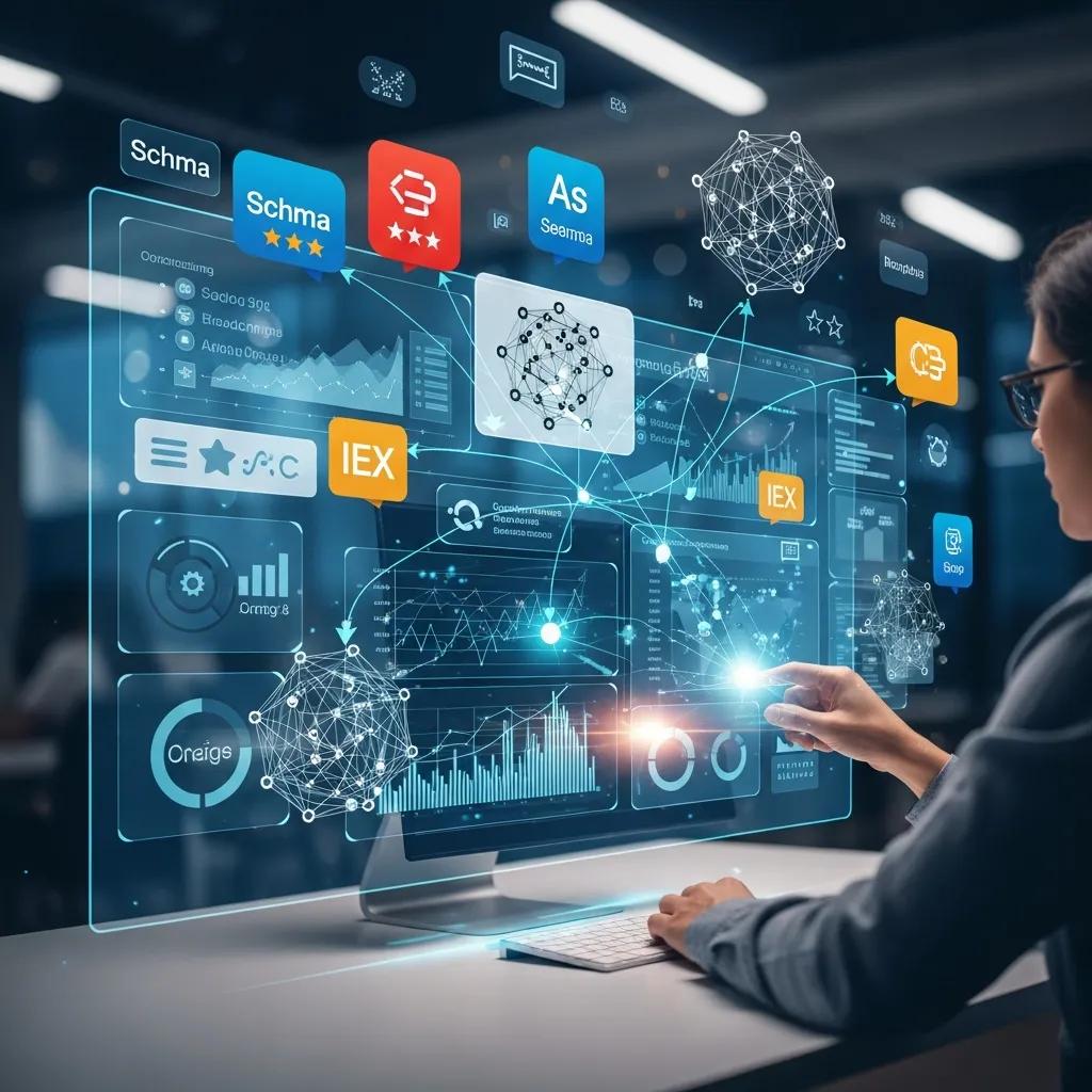 Person analyzing data on a computer with visual elements illustrating semantic SEO techniques, including graphs, schema markup icons, and analytics displays.