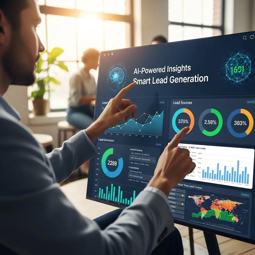 Person analyzing AI-powered lead generation metrics on a digital dashboard in a business setting, featuring graphs, statistics, and insights for optimizing workflows and enhancing targeting.