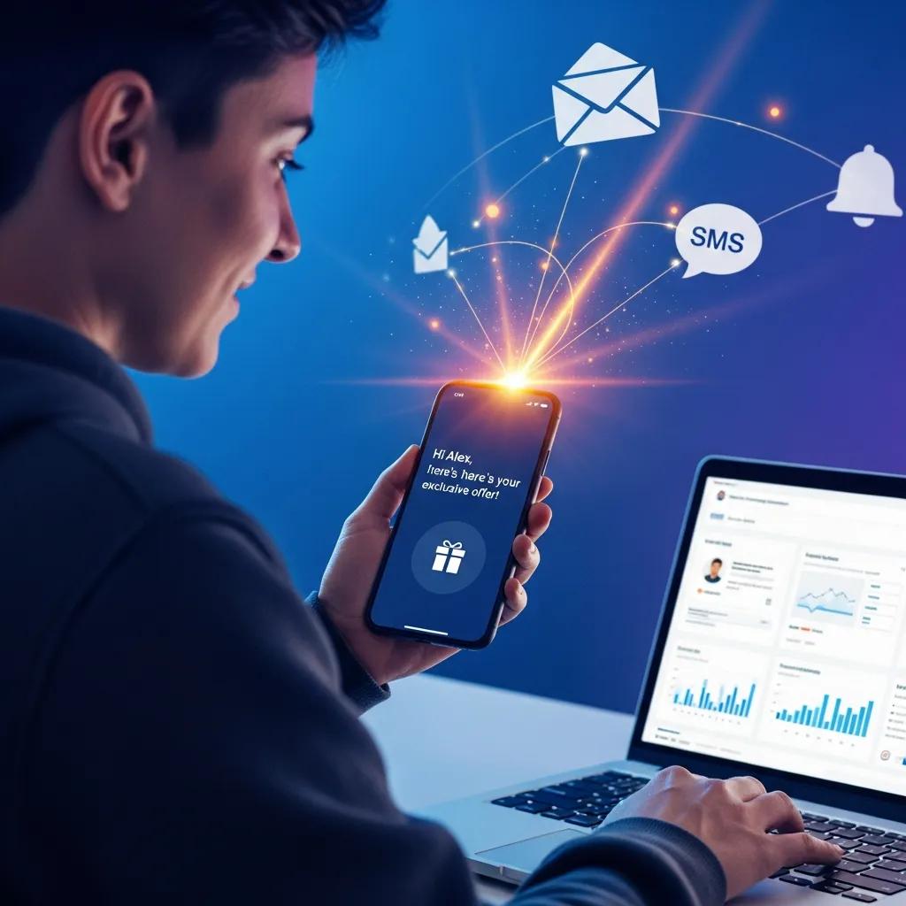 Person engaging with AI-driven email and SMS automation tools, receiving personalized notifications on a smartphone alongside analytics displayed on a laptop screen, highlighting customer interaction and marketing strategies.