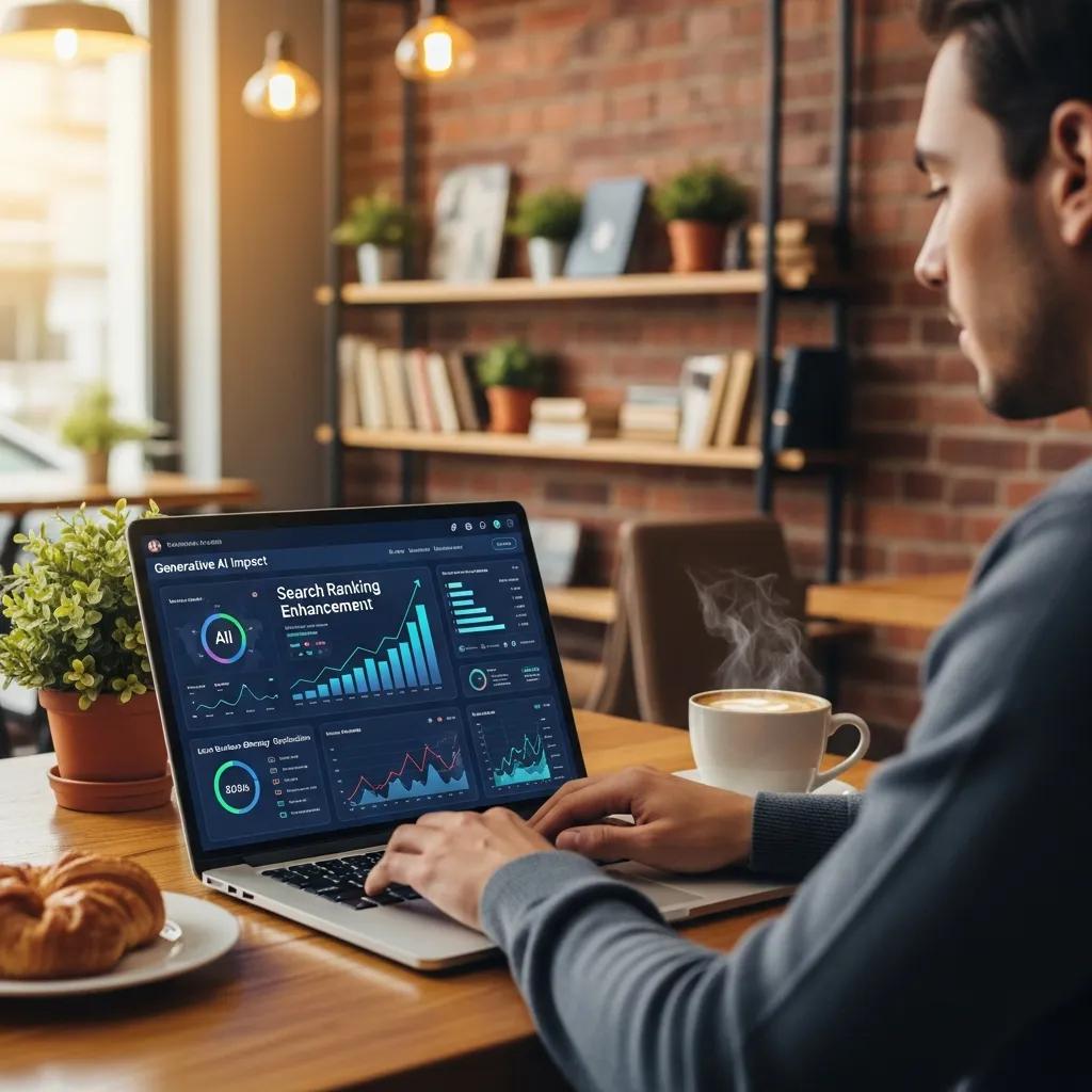 Person using a laptop in a cafe, analyzing AI-driven analytics with graphs and data visualizations related to search ranking enhancement and generative AI impact.