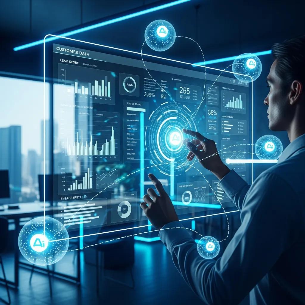 Professional analyzing customer data on a digital interface, featuring lead scores, engagement metrics, and predictive analytics for AI-powered lead generation in service businesses.