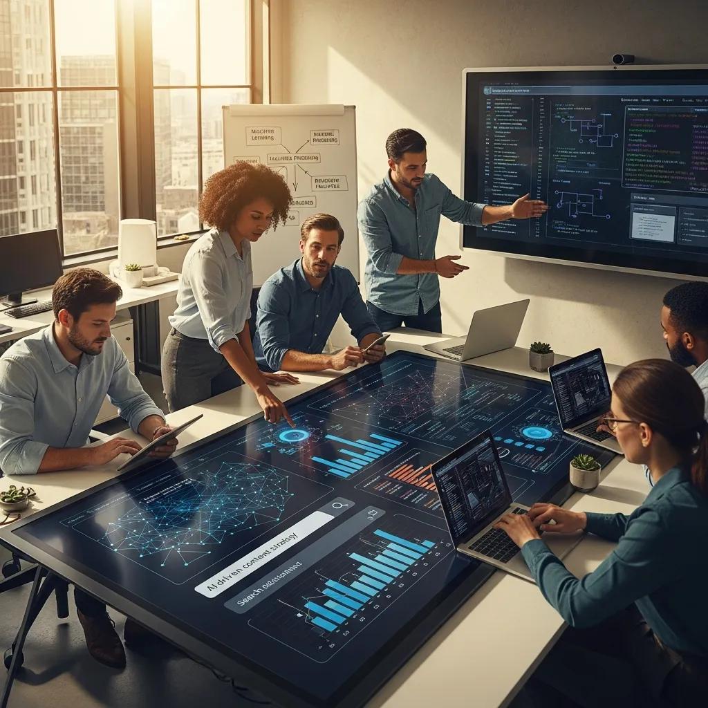 Professionals collaborating in a modern office, analyzing AI-driven data on interactive screens, emphasizing optimization strategies and business growth.