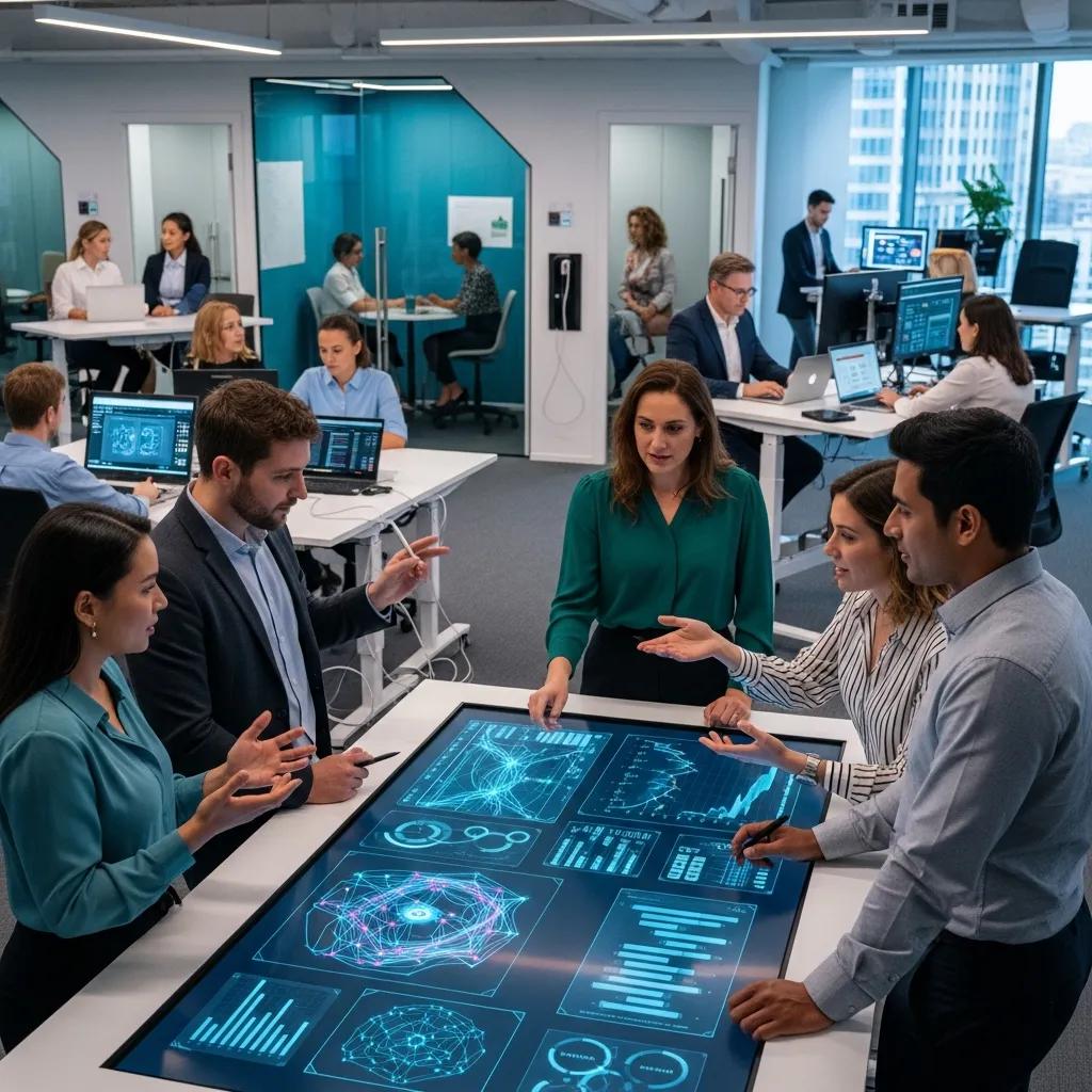Professionals collaborating in a modern office, analyzing AI-driven data visualizations on a touchscreen table, emphasizing business growth and workflow optimization.