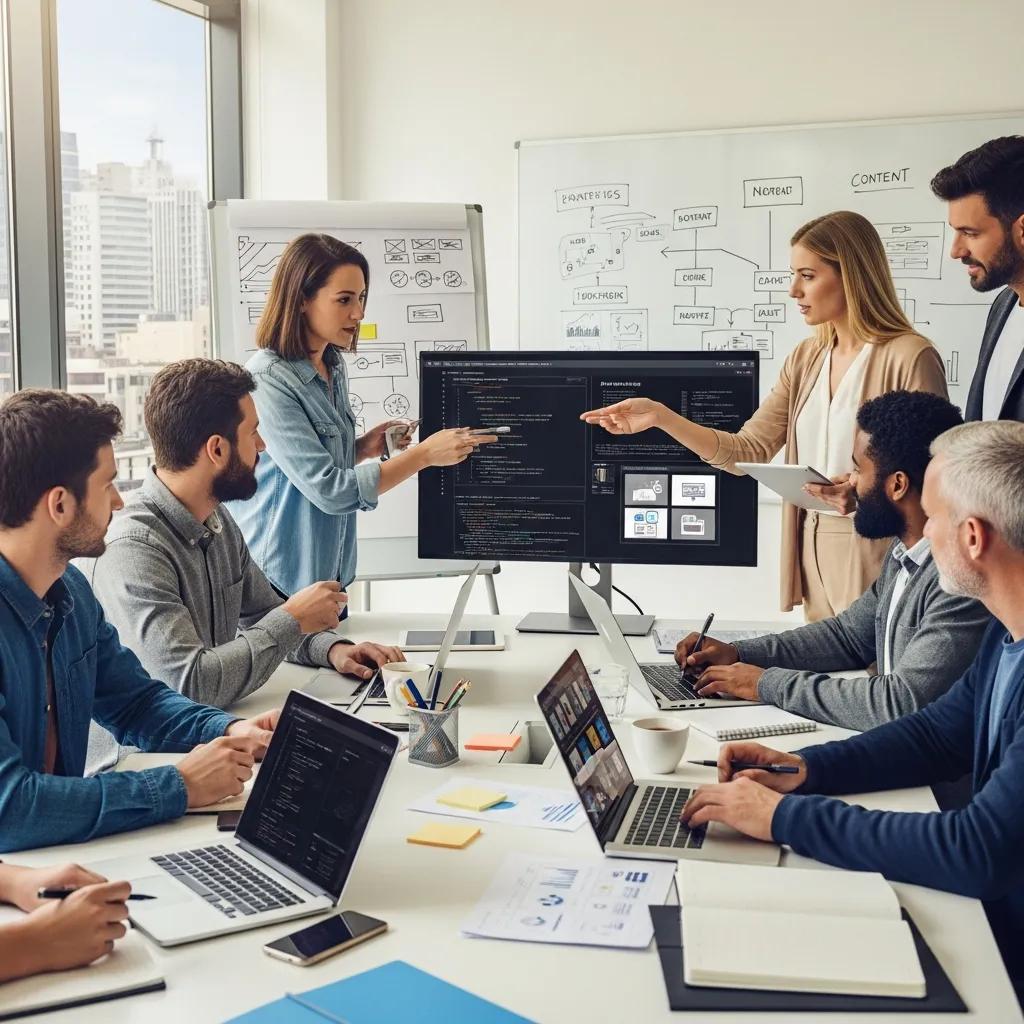 Professionals collaborating in a modern office, discussing AI content generation strategies, with laptops and a screen displaying code and content frameworks.