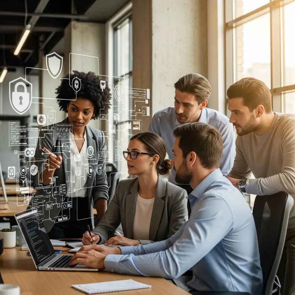 Professionals collaborating on AI security strategies in a modern office, discussing compliance frameworks and data protection techniques.