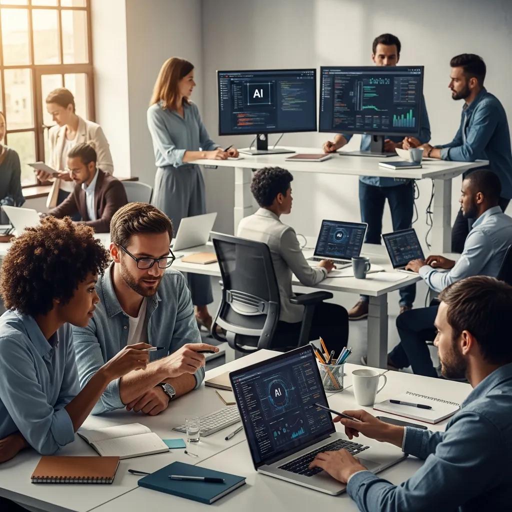Professionals collaborating in a modern office environment, utilizing AI technology on multiple screens, discussing data analytics and operational workflows, emphasizing internal AI automations for business efficiency.
