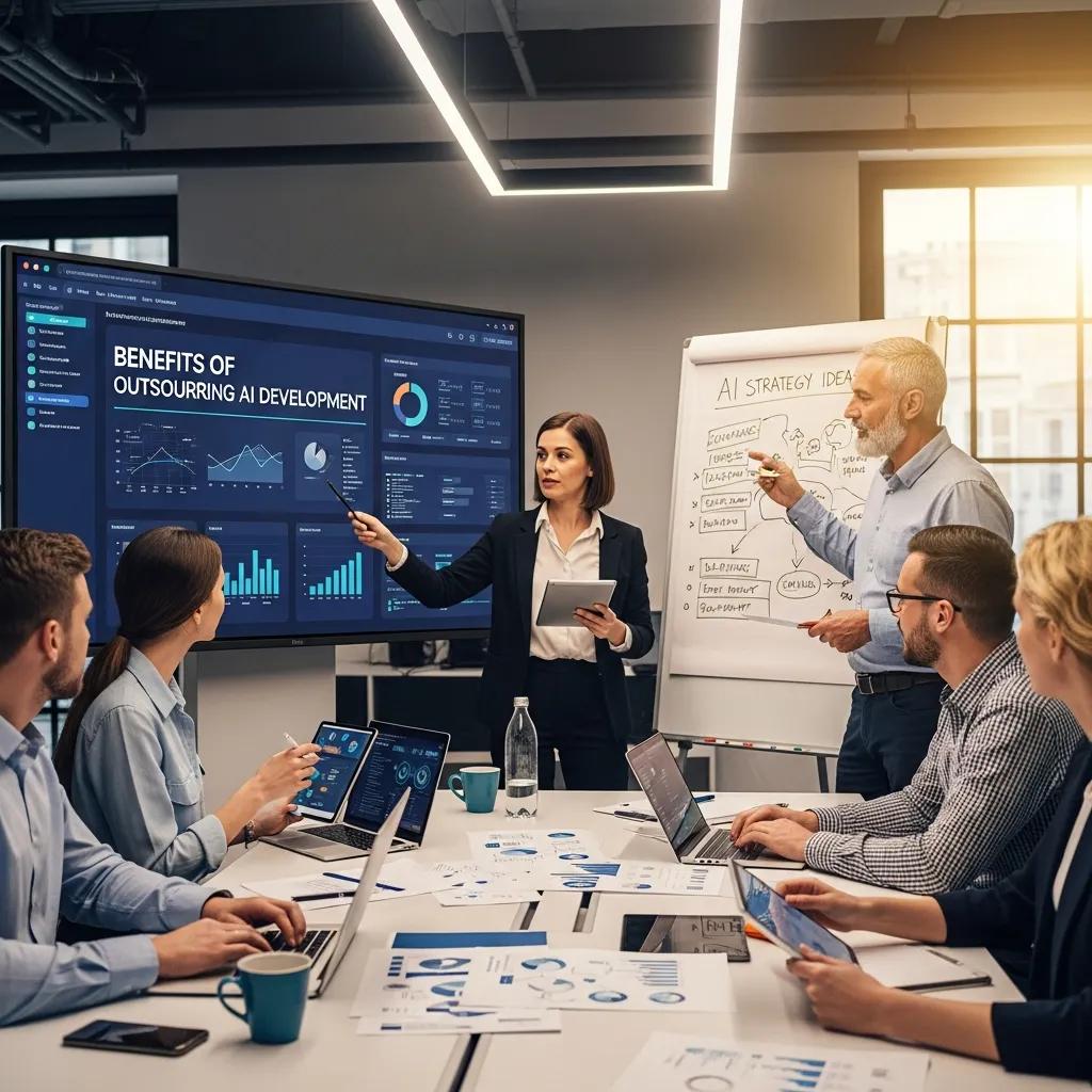 Professionals discussing benefits of outsourcing AI development in a collaborative meeting, with charts and data displayed on screen and documents on the table.