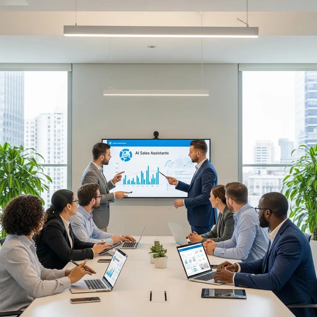 Sales professionals discussing AI sales assistants in a modern office setting, with a presentation displaying data and insights on lead qualification and automation.