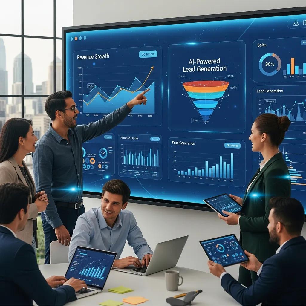Team discussing AI-powered lead generation and revenue growth analysis, with visual data charts displayed on a screen, highlighting sales metrics and lead generation statistics.