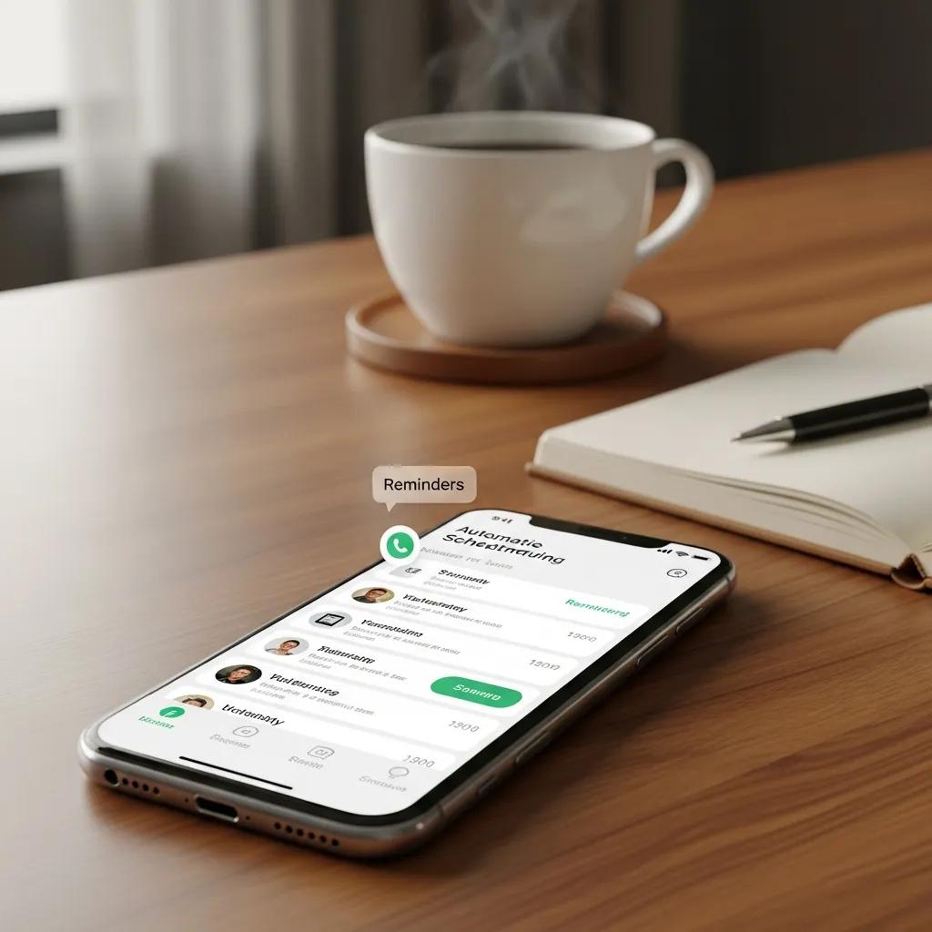 Smartphone displaying an automated appointment scheduling app interface with reminders, coffee cup, and notebook on a wooden table, illustrating features of booking automation and real-time notifications.